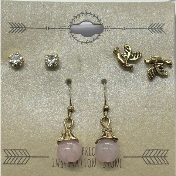 3 Pairs Semi Precious stone Gold Tone Post Earrings - Picture 1 of 4
